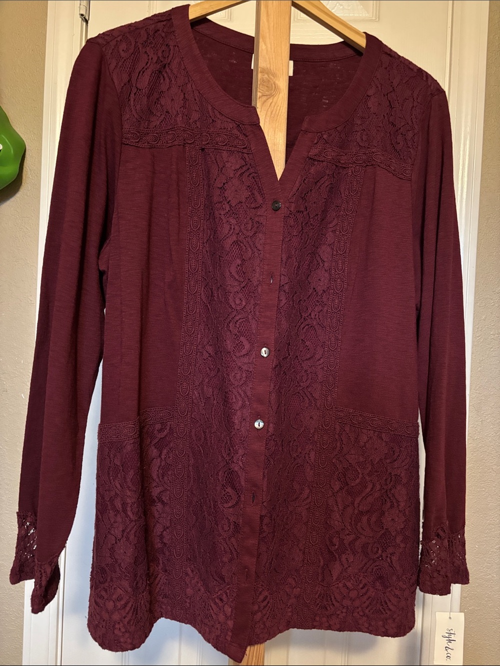 Style & Co. Women's Long Sleeve Lace Front Cardigan - Burgundy